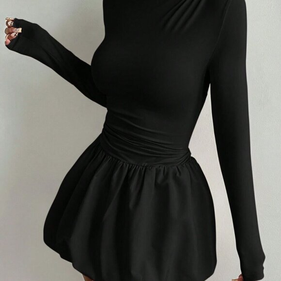 Black Casual Women's Round Neck Long Sleeve Pleated Tulip Hem Mini Dress - Picture 5 of 7